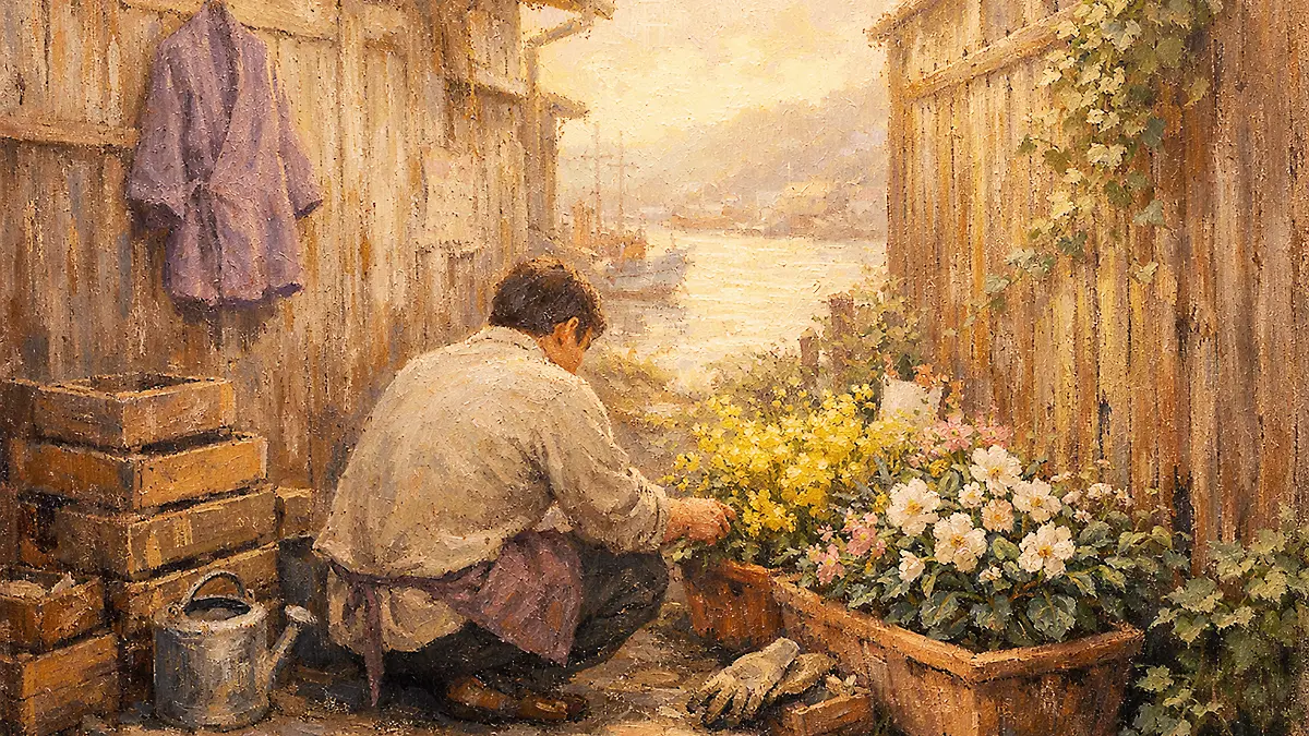 朝の光の中でのガーデニング