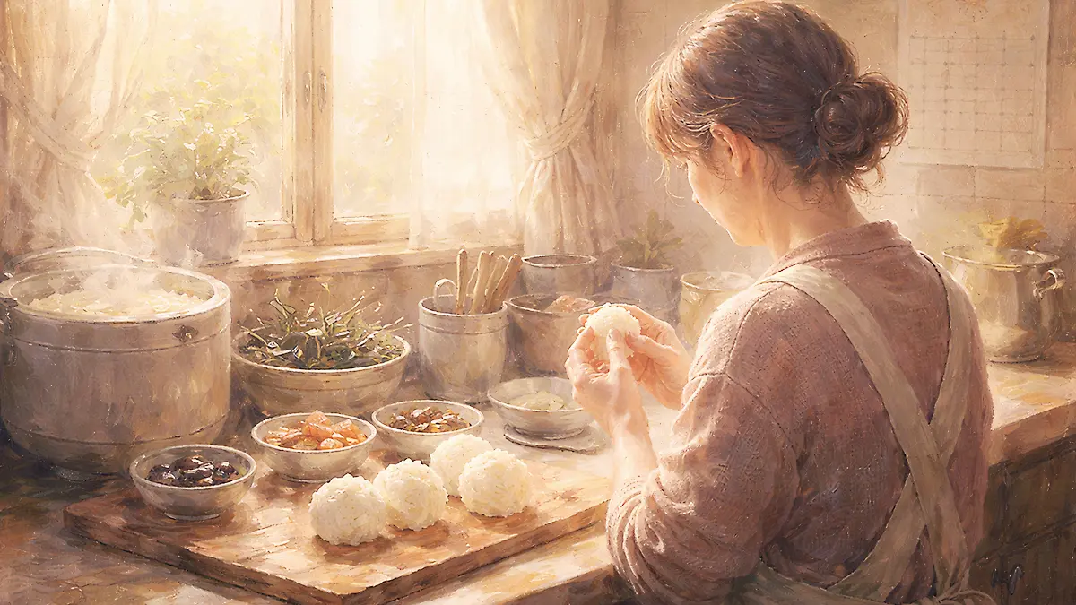 朝の光とおにぎり作り