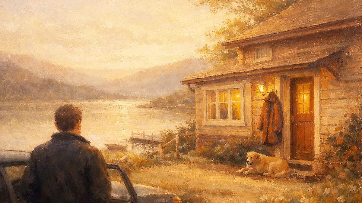 湖畔の夕陽と静かな家