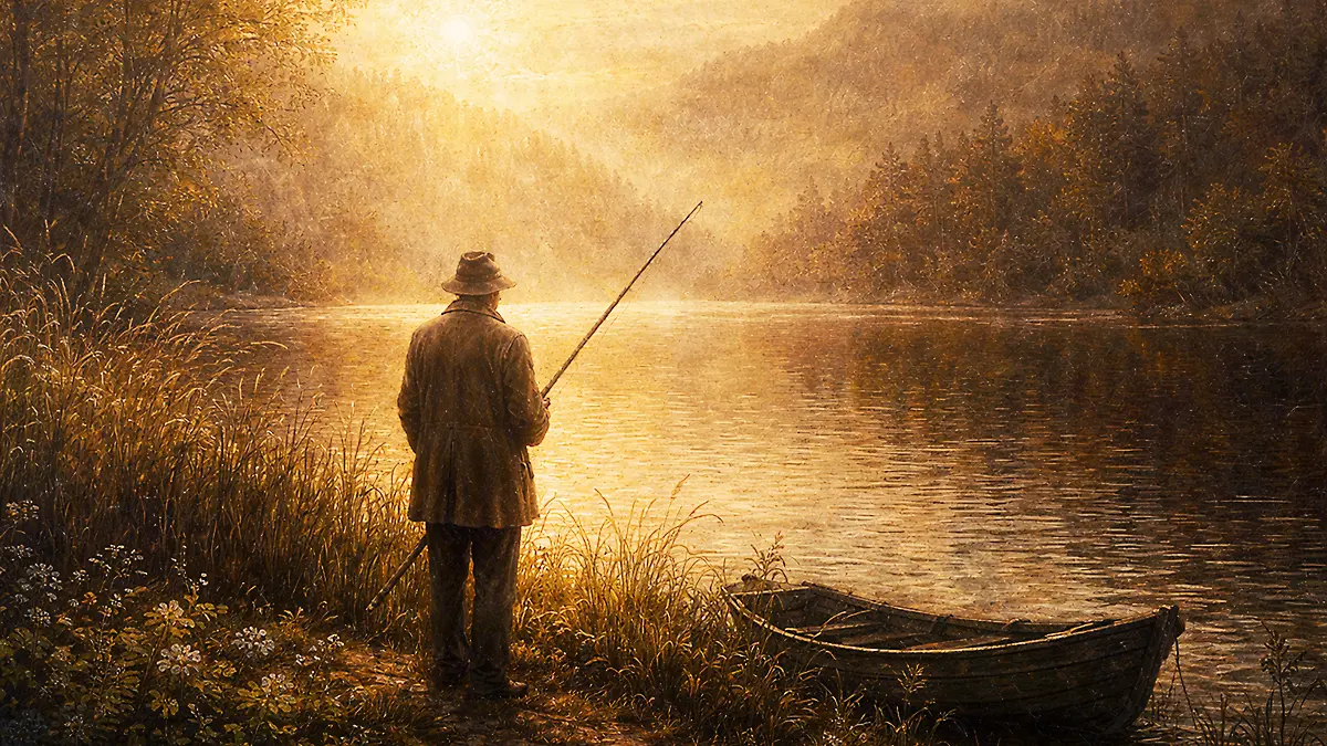 朝の湖畔の釣り人