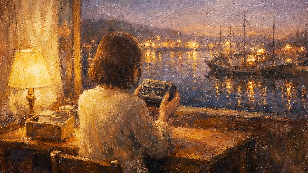 夜の港とカセットレコーダー