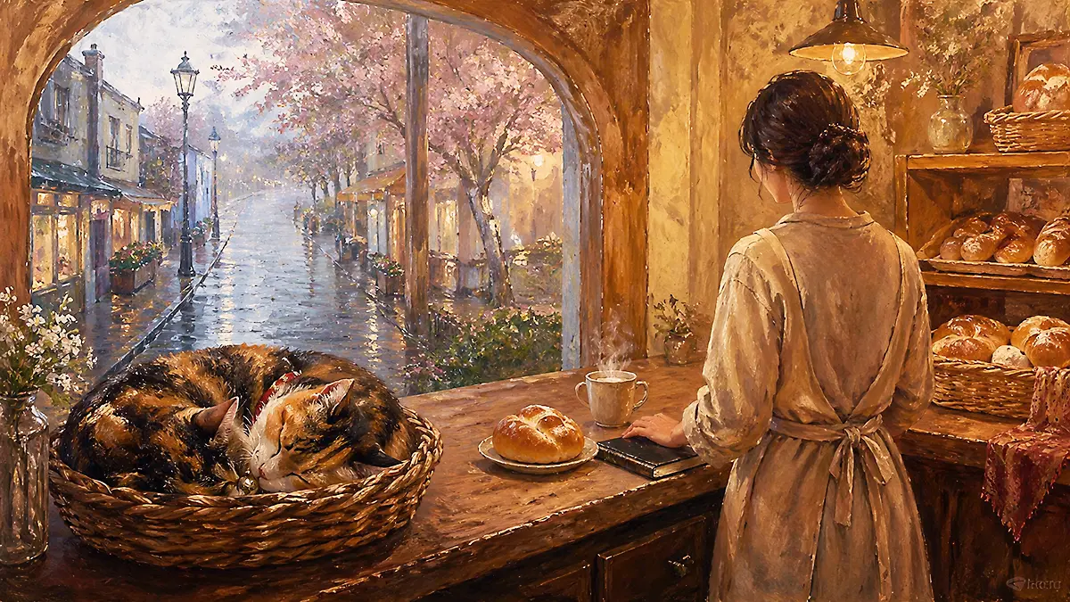 雨の街角の静かなカフェ