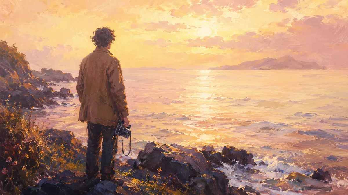 海辺の夕日とカメラマン