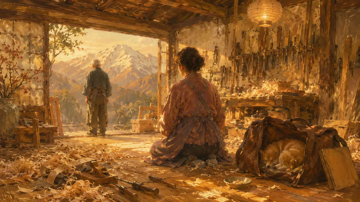 温かな光の工房と山の景色