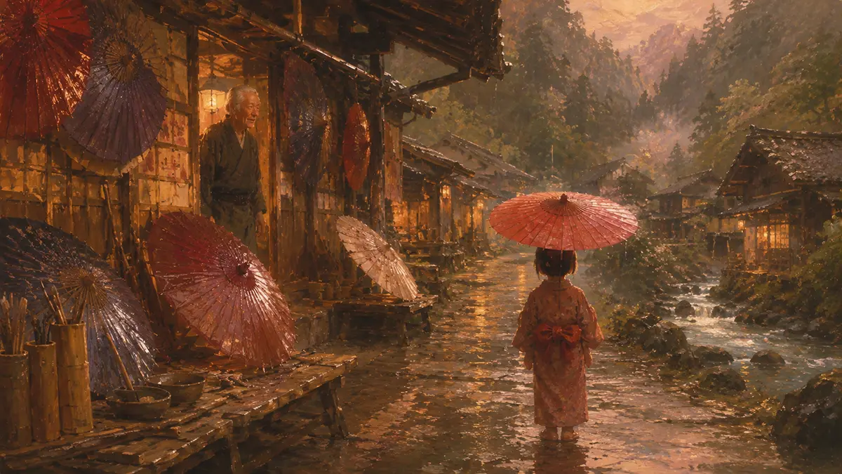 雨の山村と傘屋の風景