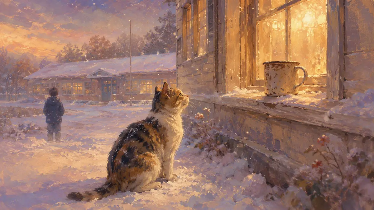 夕暮れの雪景色と温かな灯り