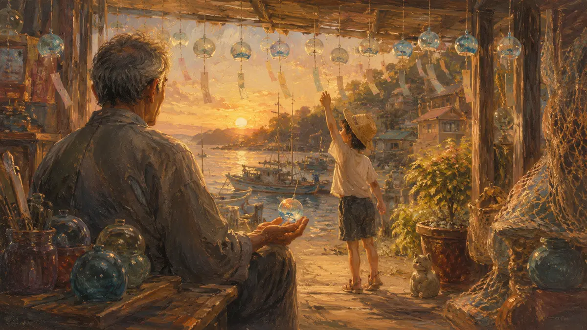 海辺の夕日と風鈴の温もり