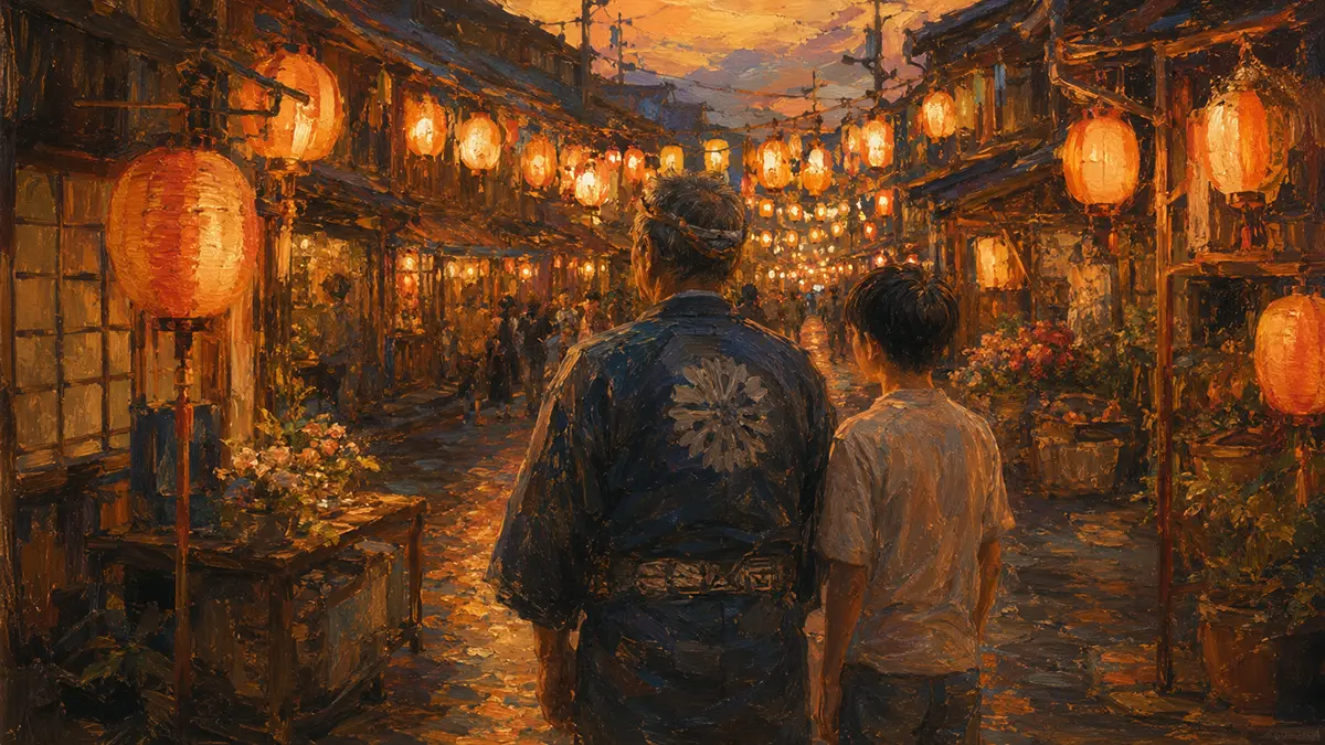 夕暮れの提灯並ぶ祭り通り