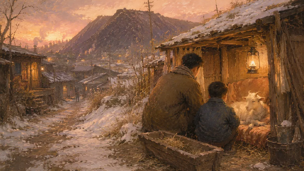 冬の夕暮れ、村と小さなヤギ