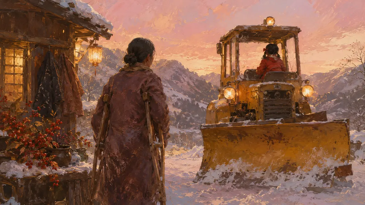 冬の夕暮れ、雪道と除雪車