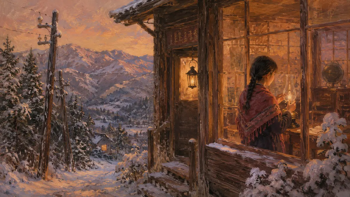 雪山の灯りと冬の山小屋