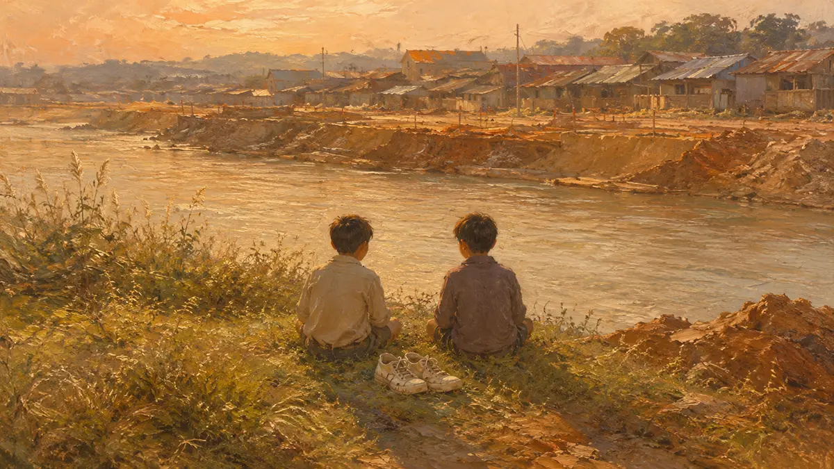 川辺で眺める夕暮れの町
