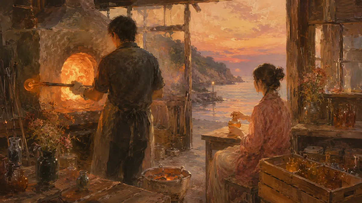 海辺の工房と夕暮れの炉