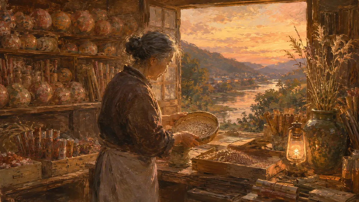 夕暮れの工房で穀物をふるう女性