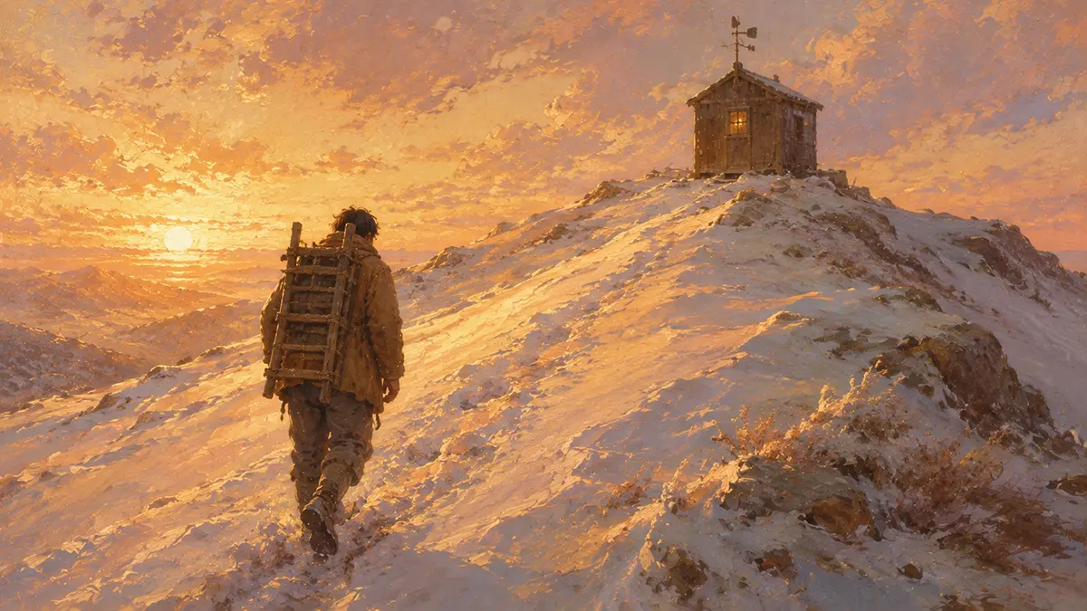 雪嶺を登る旅人、夕映えの山小屋