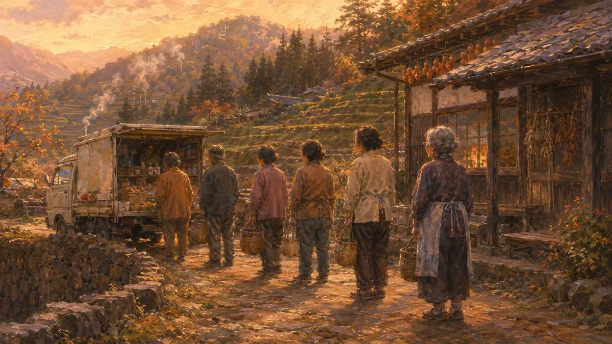 夕暮れの村で待つ人々