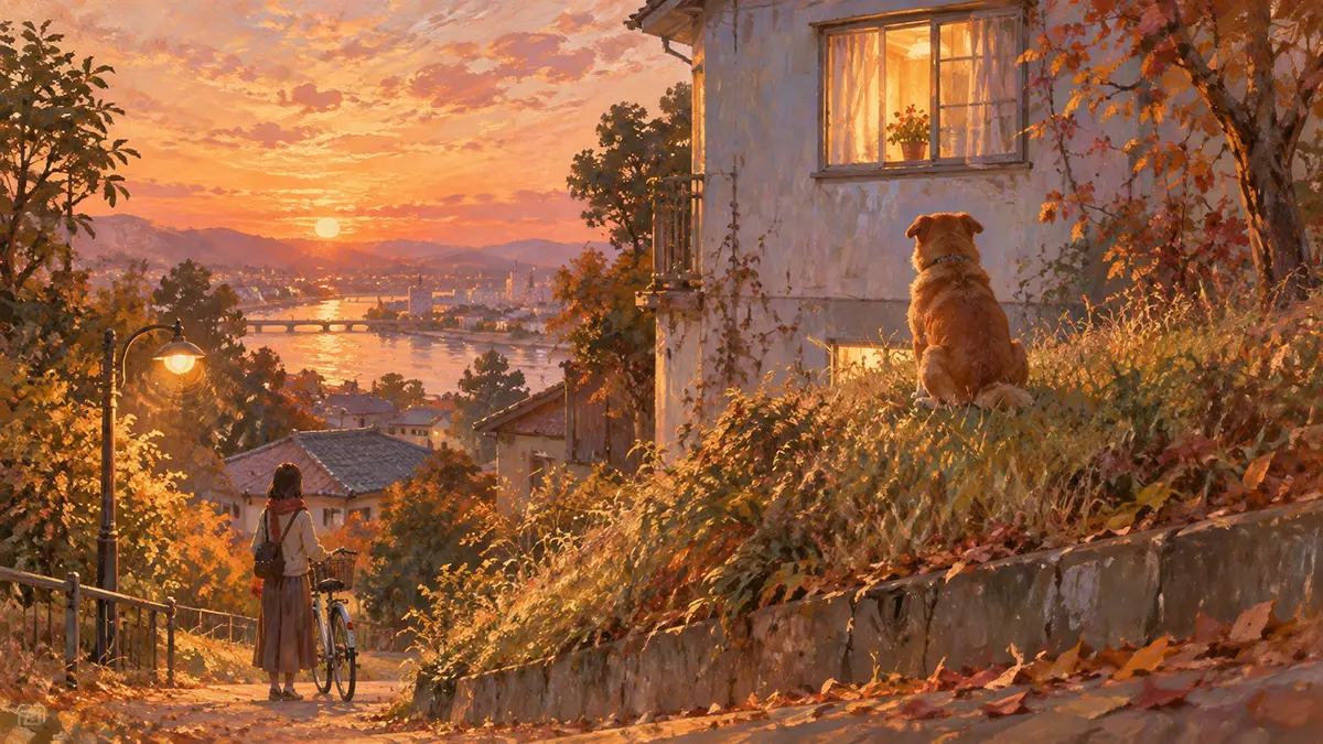 夕暮れの川辺と犬、自転車の少女