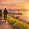 橋の手前で吉岡は川の側を走る