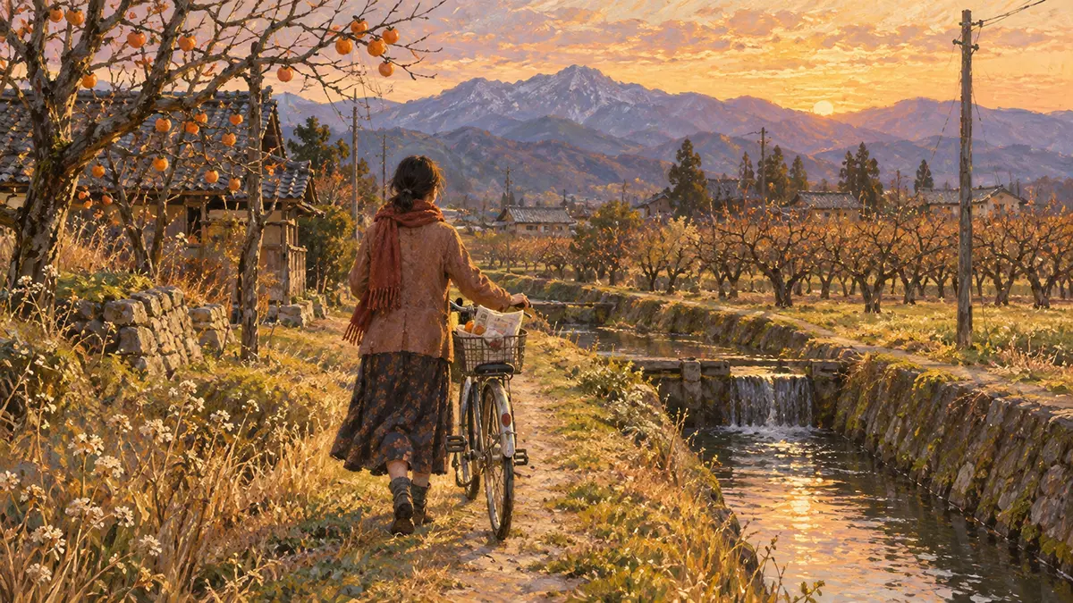 夕暮れの里山を歩く女性と自転車