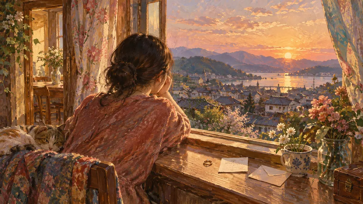 窓辺で眺める夕暮れの町