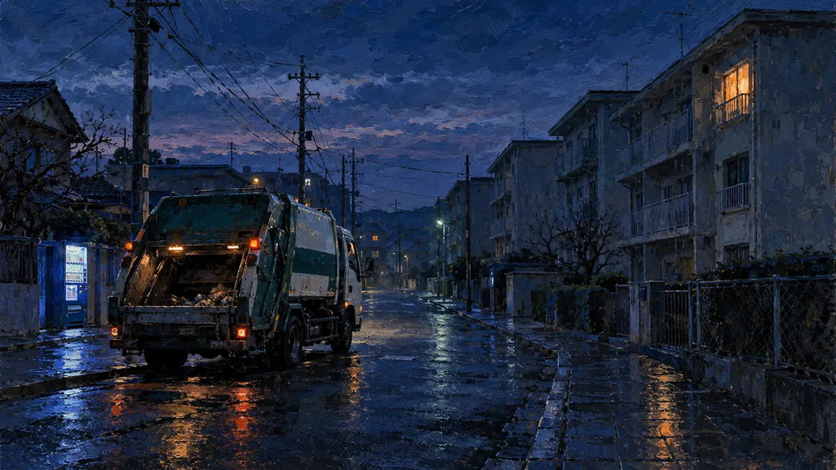 夜明け前の雨道とごみ収集車