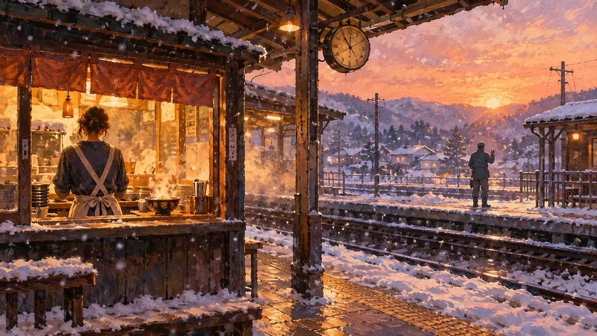 雪降る駅のあたたかな食堂