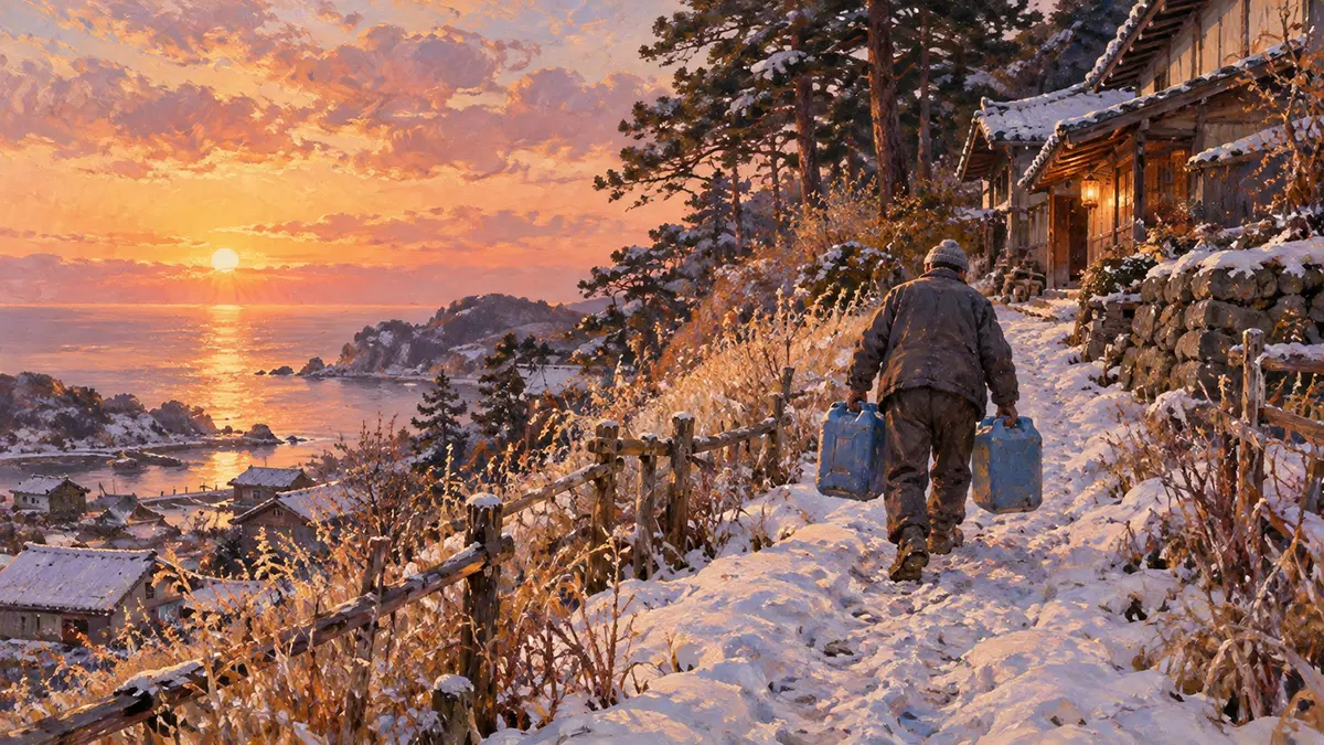 雪道を上る冬の海辺の村