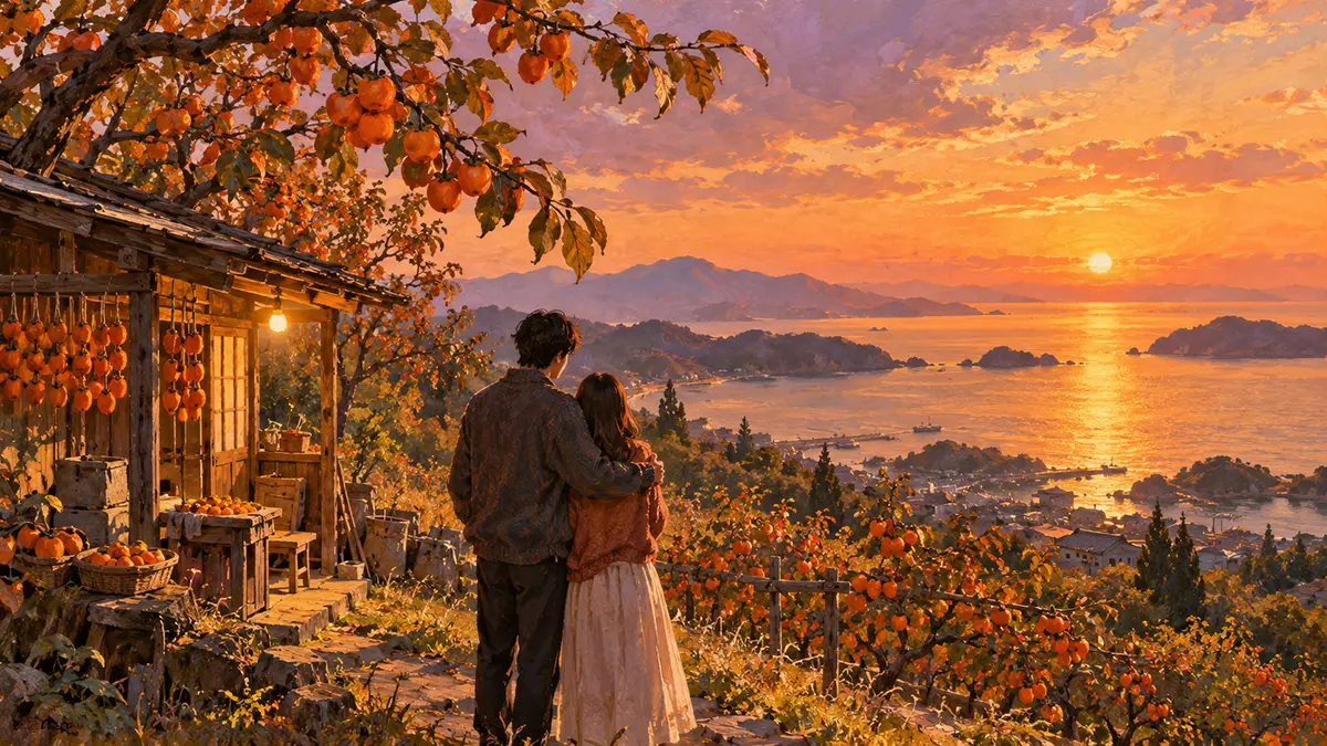 柿の実る丘から望む夕映えの湾