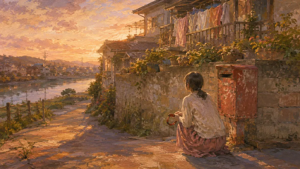 川辺の夕暮れと赤い郵便箱