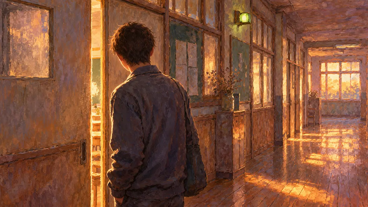 夕暮れの校舎、扉の隙間から漏れる光