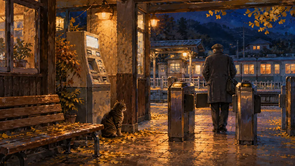 秋夜の小さな駅と待つ猫