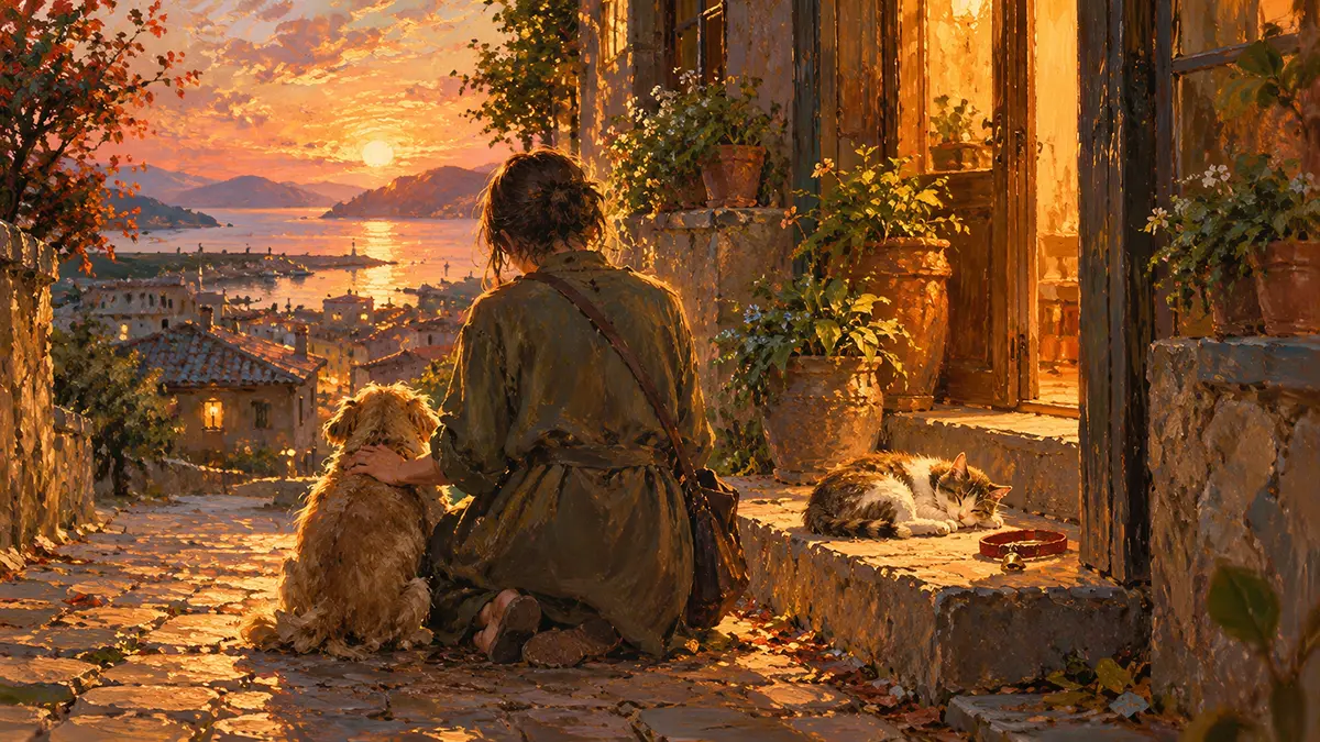 夕暮れの海を望む猫と犬のいる玄関