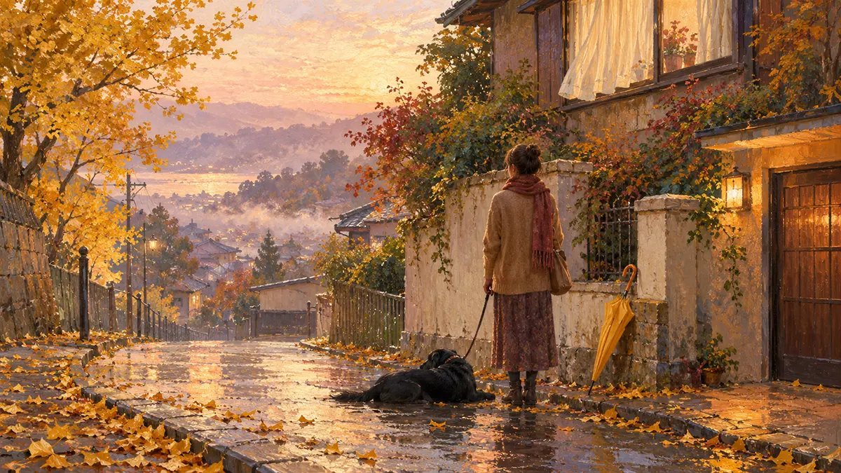 霧雨の秋道と黒い犬