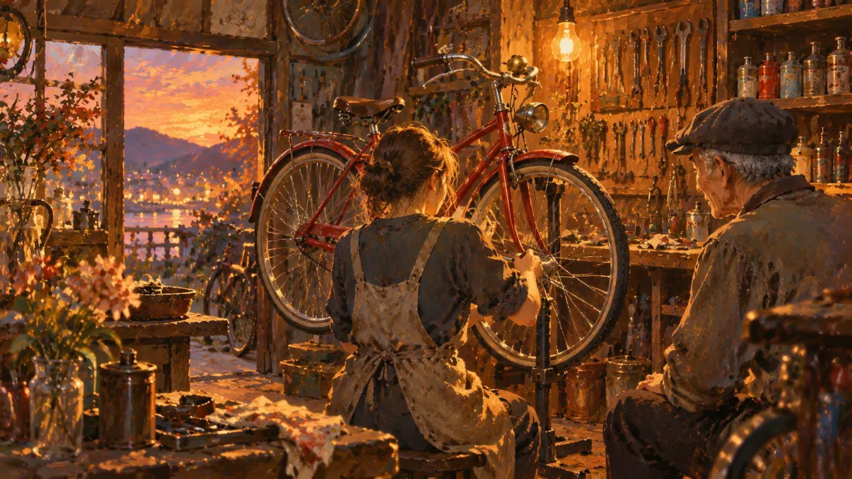 夕暮れの自転車工房