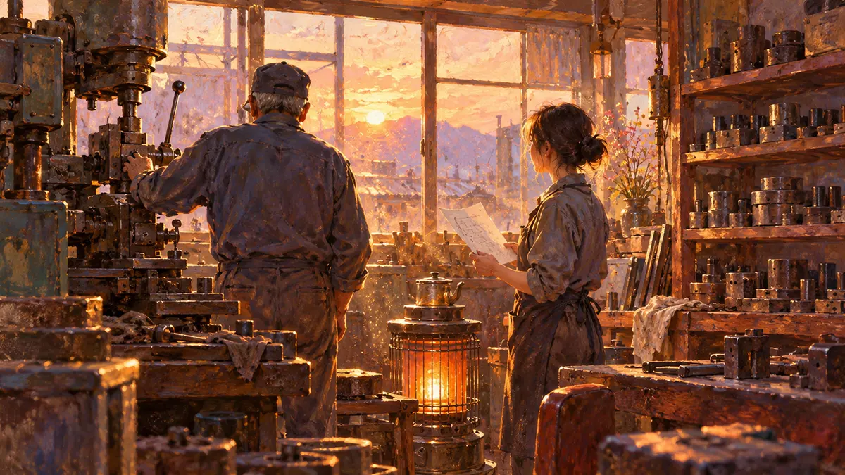 朝焼けの工房と二人の職人
