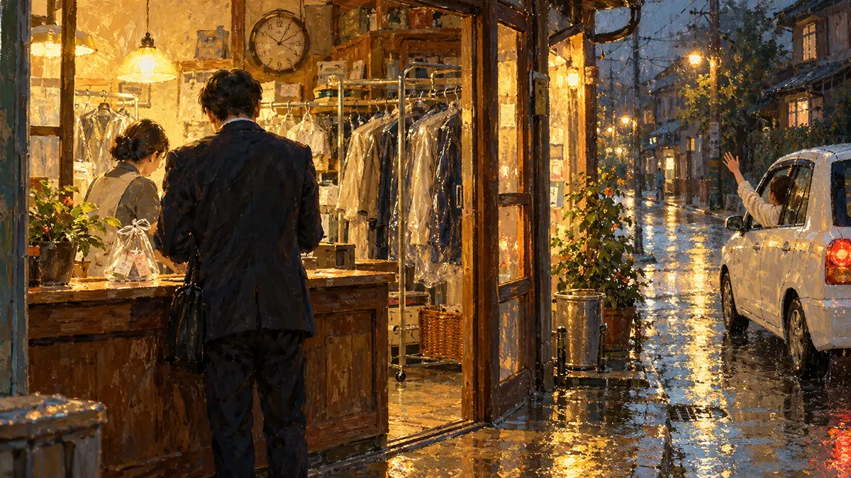 雨の街角、仕立て屋の灯り