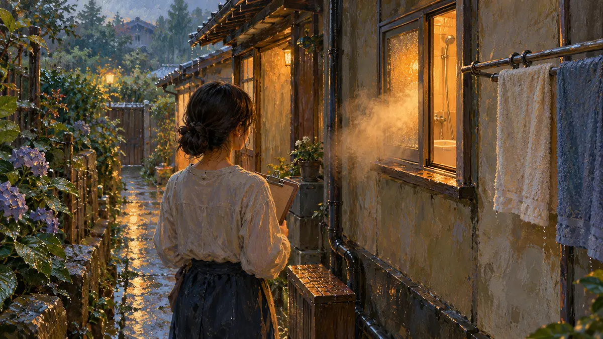 雨の路地と温かな窓辺