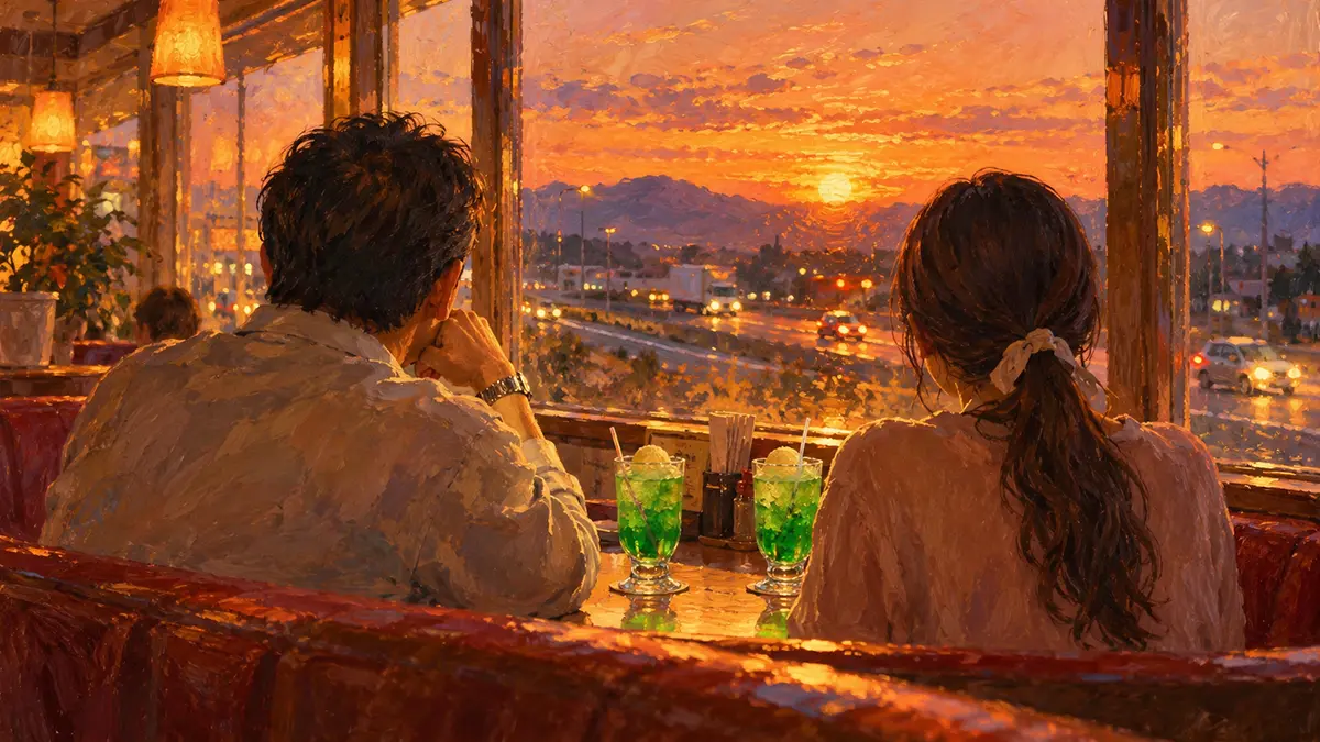 夕暮れのダイナー、二人の眺め
