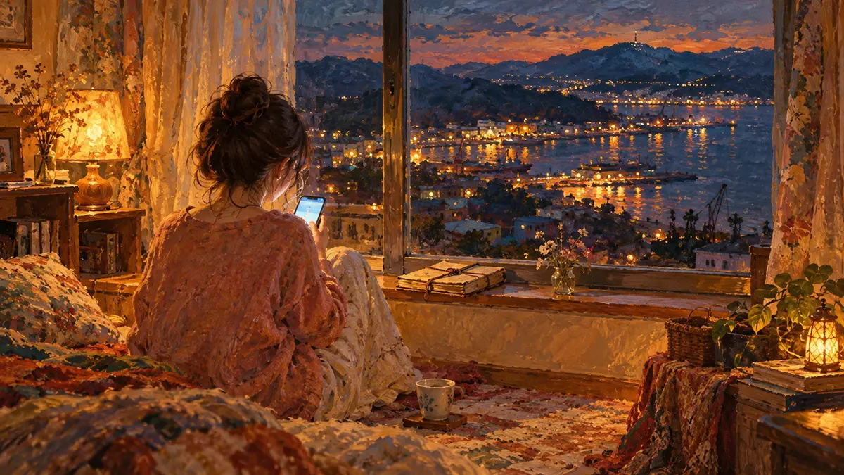 港を眺める夜の cozyな部屋