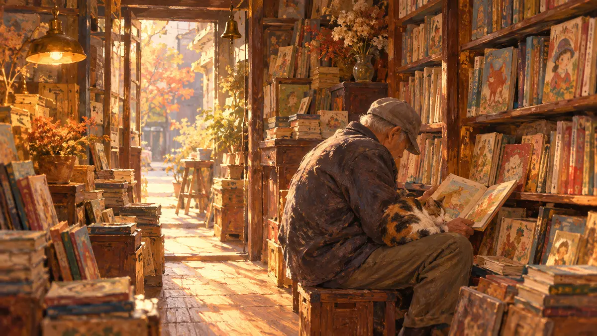 秋の光に包まれた古書店