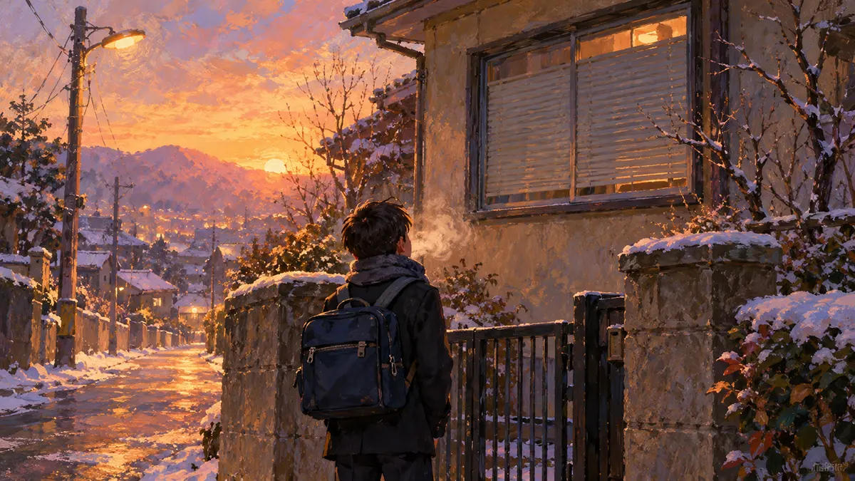 雪の街角に佇む少年
